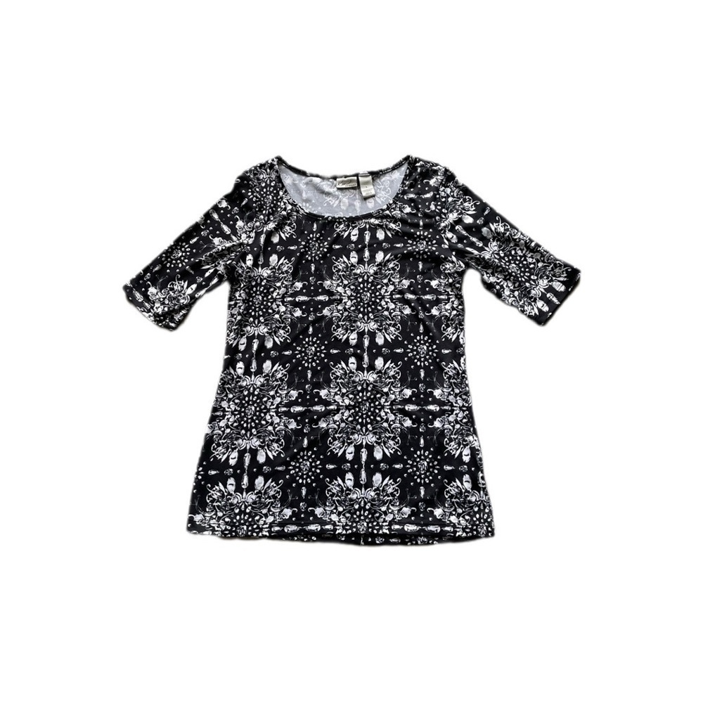 Kim Rogers Black White Patterned 3/4 Sleeve Dressy Blouse Women’s Large